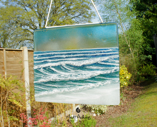 fused glass art wave ocean suncatcher hanging in window 22x20cm with cord