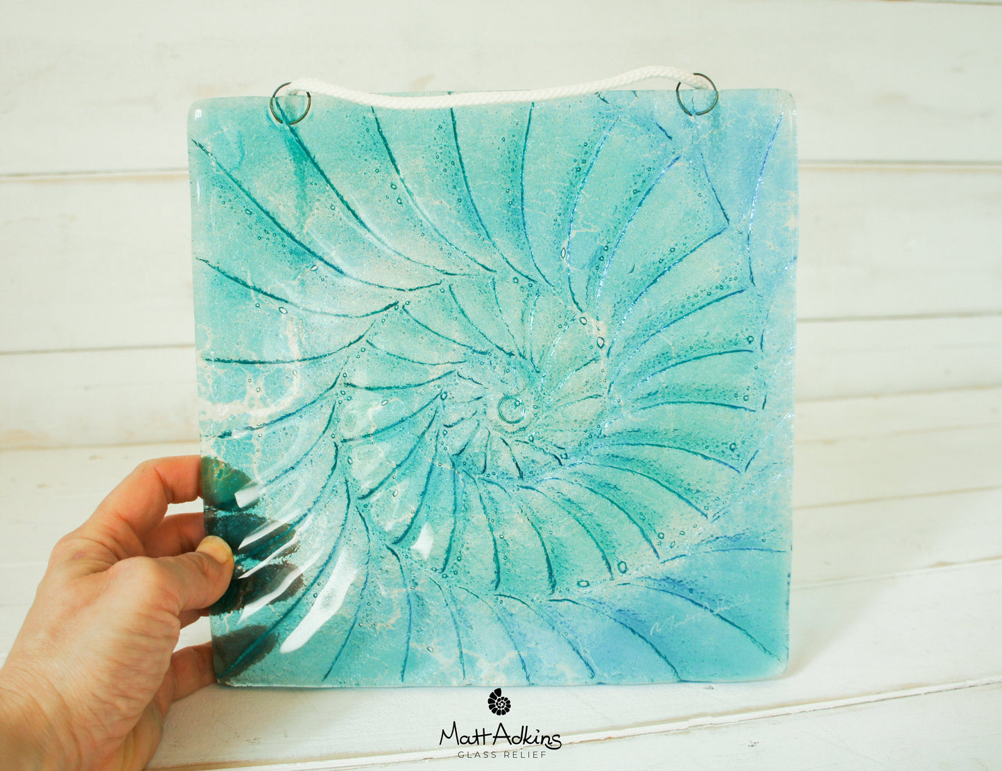 Ammonite Fused Glass Square Suncatcher - Hanging - Blue Turquoise - 22x22cm(9"x9")