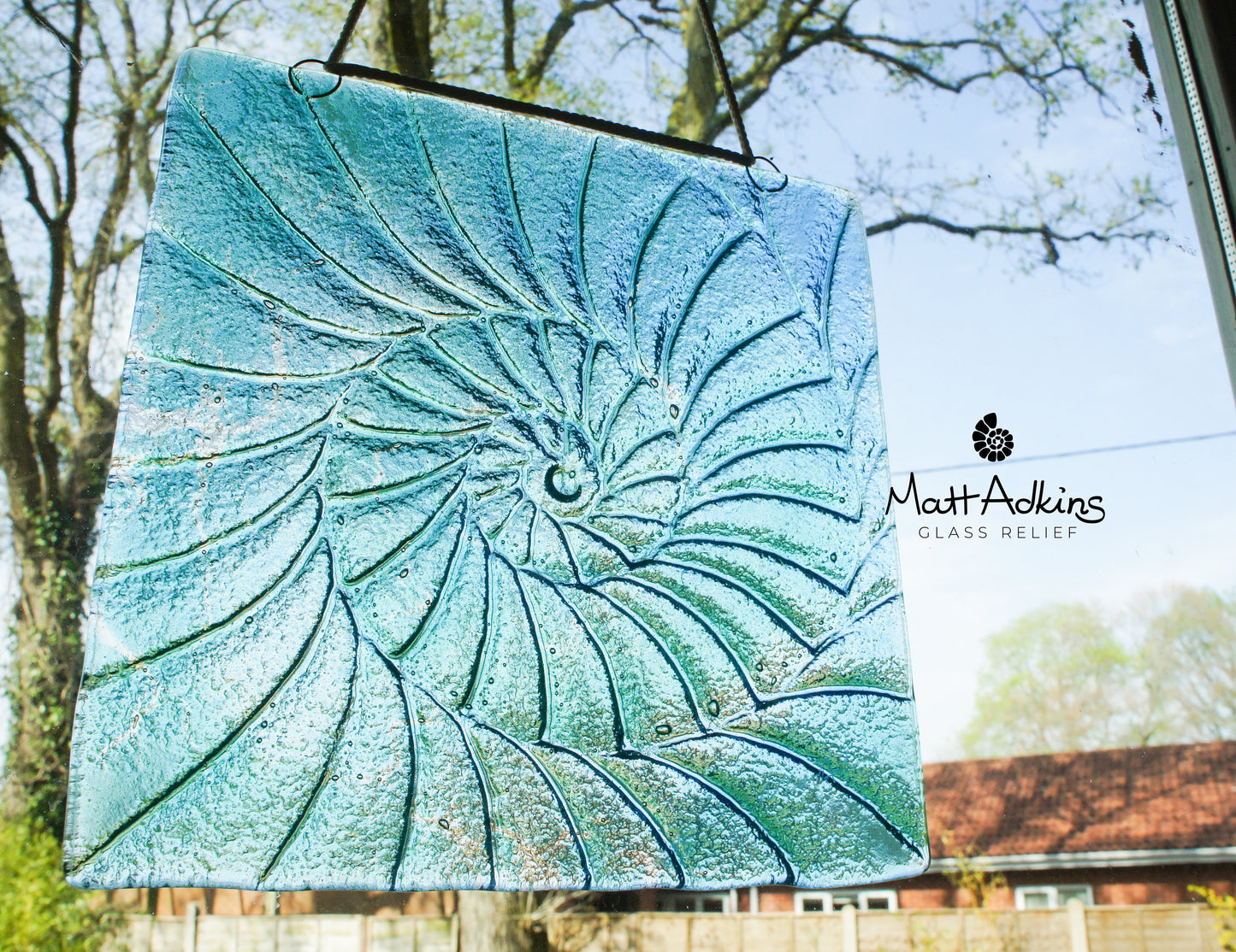 Ammonite Fused Glass Square Suncatcher - Hanging - Blue Turquoise - 22x22cm(9"x9")