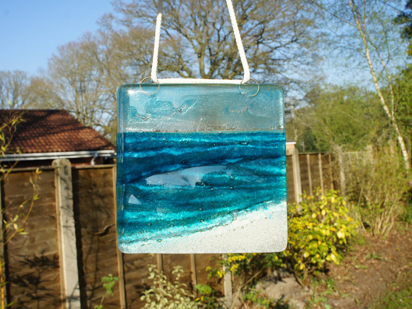 wave ocean square fused glass hanging window suncatcher
