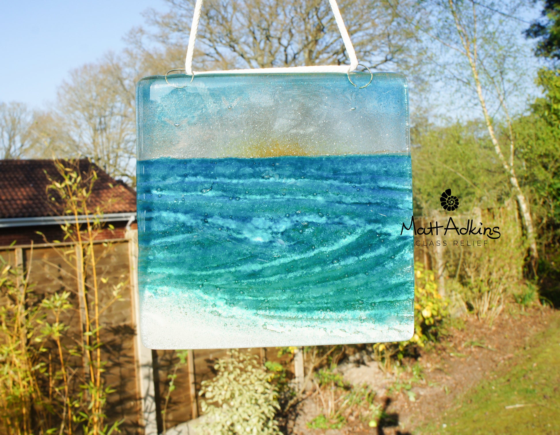 fused glass art wave ocean suncatcher hanging in window 15cm with cord