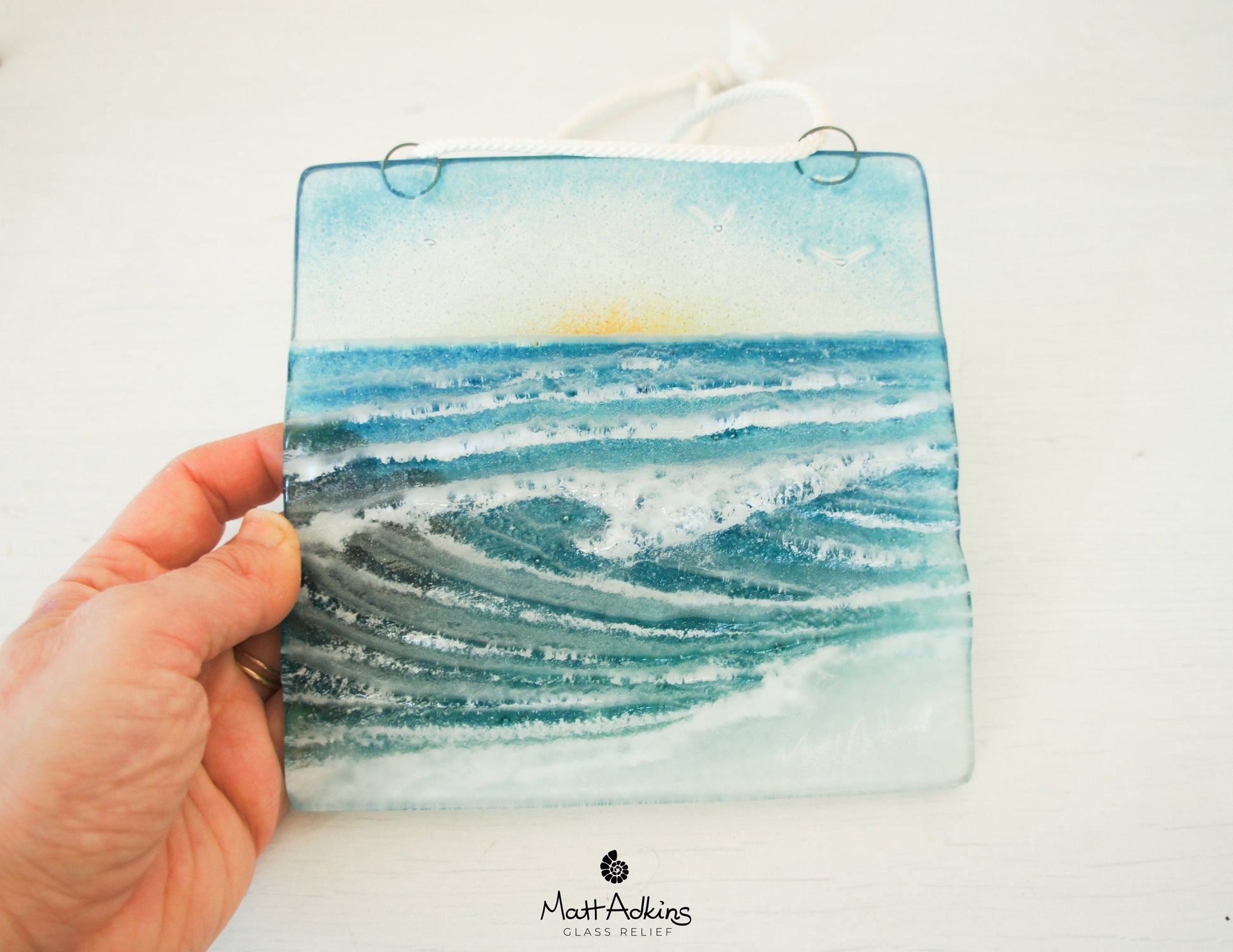 fused glass art wave ocean suncatcher hanging in window 15cm with cord