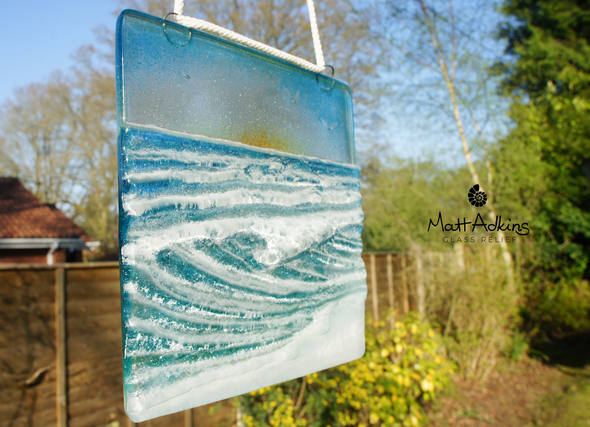 fused glass art wave ocean suncatcher hanging in window 15cm with cord