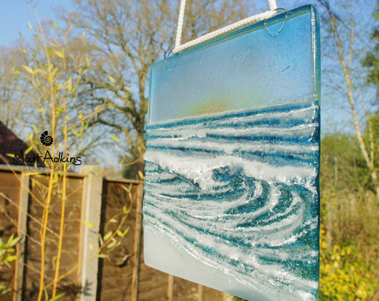 fused glass art wave ocean suncatcher hanging in window 15cm with cord