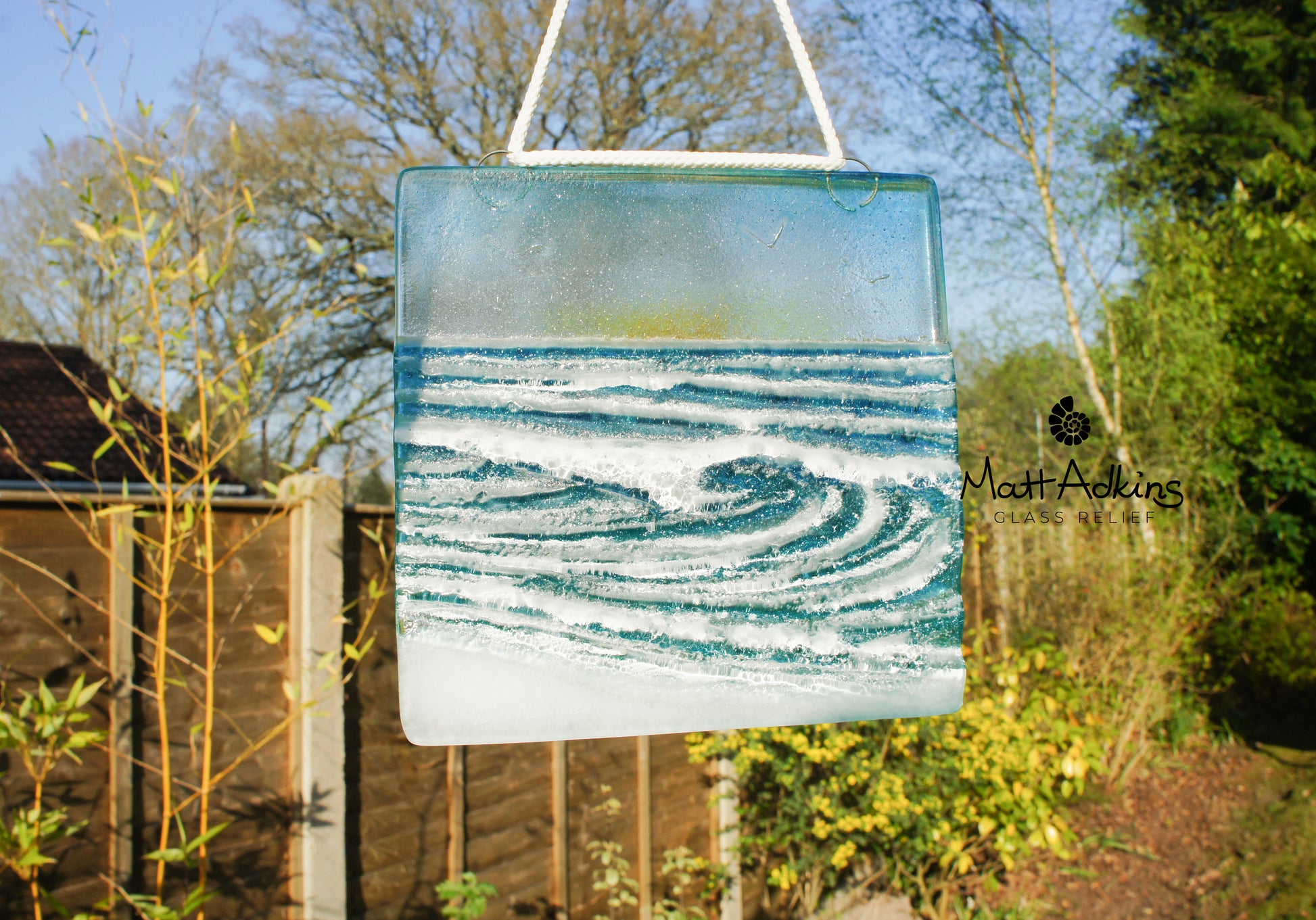 fused glass art wave ocean suncatcher hanging in window 15cm with cord