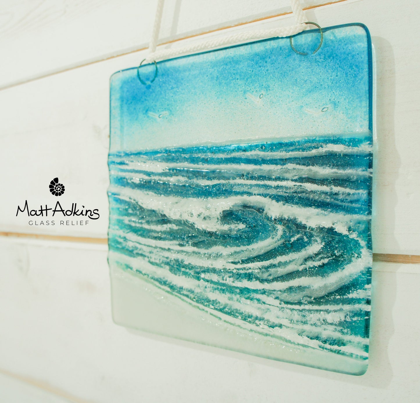fused glass art wave ocean suncatcher hanging in window 15cm with cord