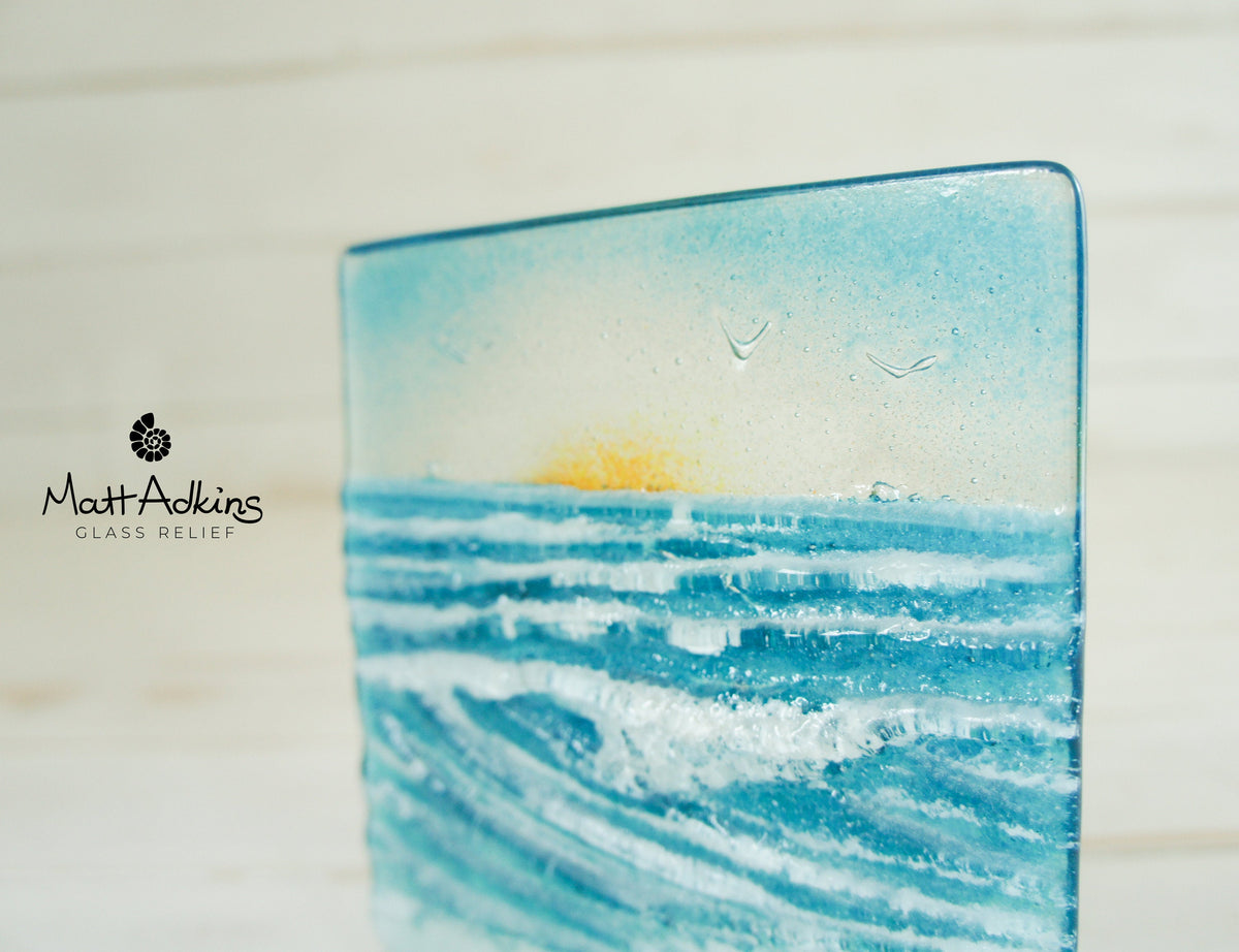 Rolling Wave Suncatcher Fused Glass Art Freestanding with Sun on a foo ...