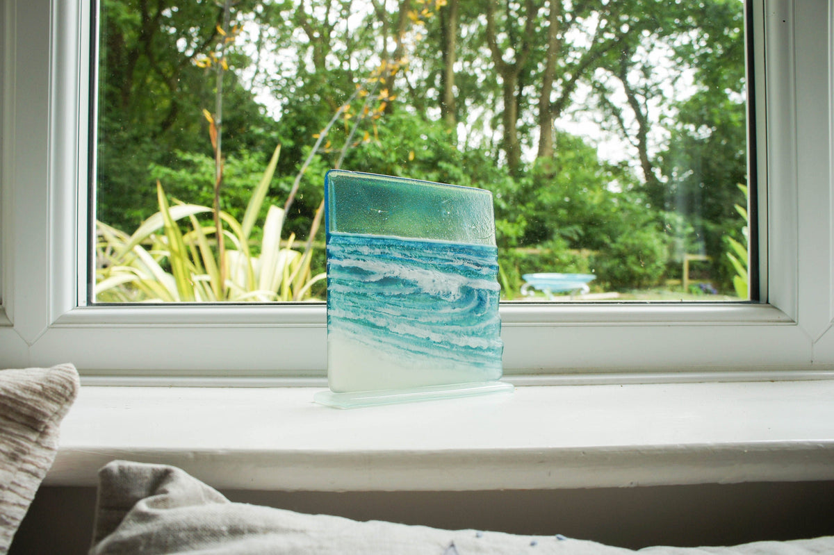 Rolling Wave Panel Fused Glass Art Suncatcher Freestanding on a foot ...