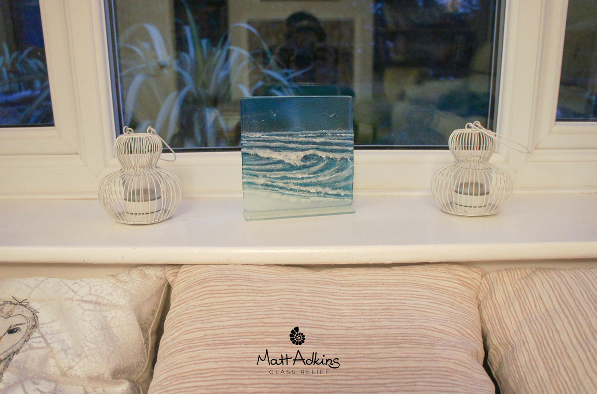 Rolling Wave Panel Fused Glass Art Suncatcher Freestanding on a foot ...