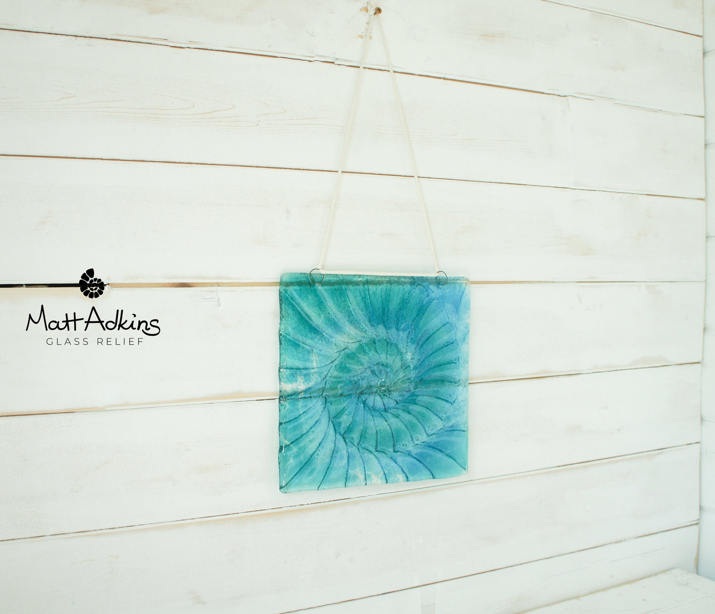 Ammonite Fused Glass Square Suncatcher - Hanging - Blue Turquoise - 22x22cm(9"x9")