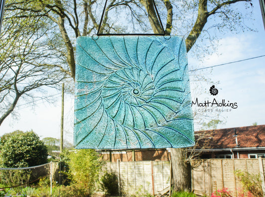 Ammonite Fused Glass Square Suncatcher - Hanging - Blue Turquoise - 22x22cm(9"x9")