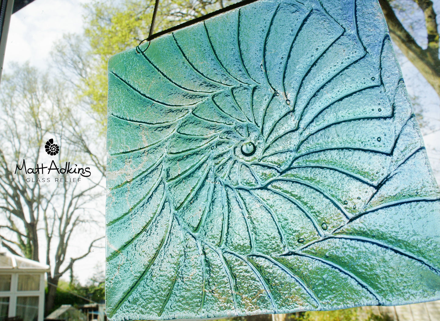 Ammonite Fused Glass Square Suncatcher - Hanging - Blue Turquoise - 22x22cm(9"x9")