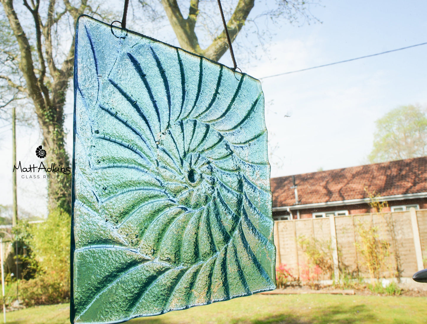 Ammonite Fused Glass Square Suncatcher - Hanging - Blue Turquoise - 22x22cm(9"x9")