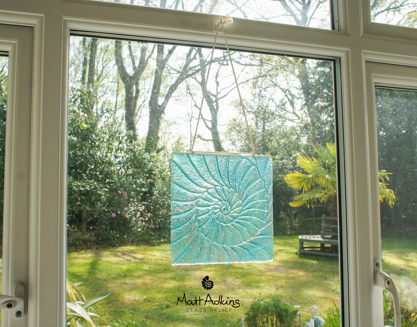 Ammonite Fused Glass Square Suncatcher - Hanging - Blue Turquoise - 22x22cm(9"x9")