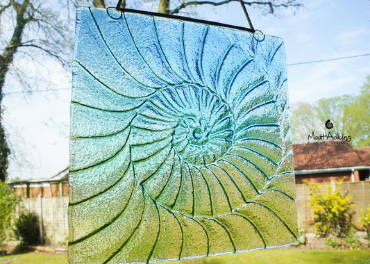 blue turquoise green square ammonite fused glass suncatcher 22cm with cord