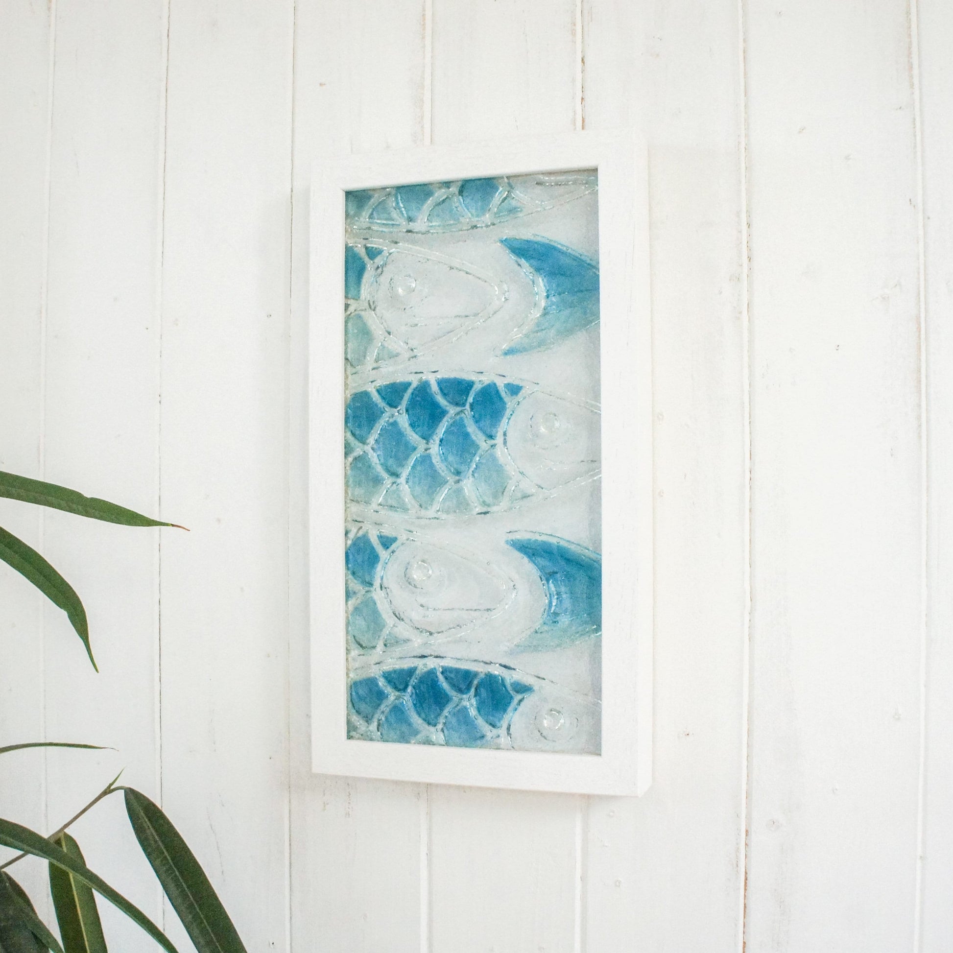 Fish Glass Wall Art Portrait 18x34cm (7x13"), Blue FishCrowd Glass Framed Picture, Fish Coastal Seaglass Wall Art