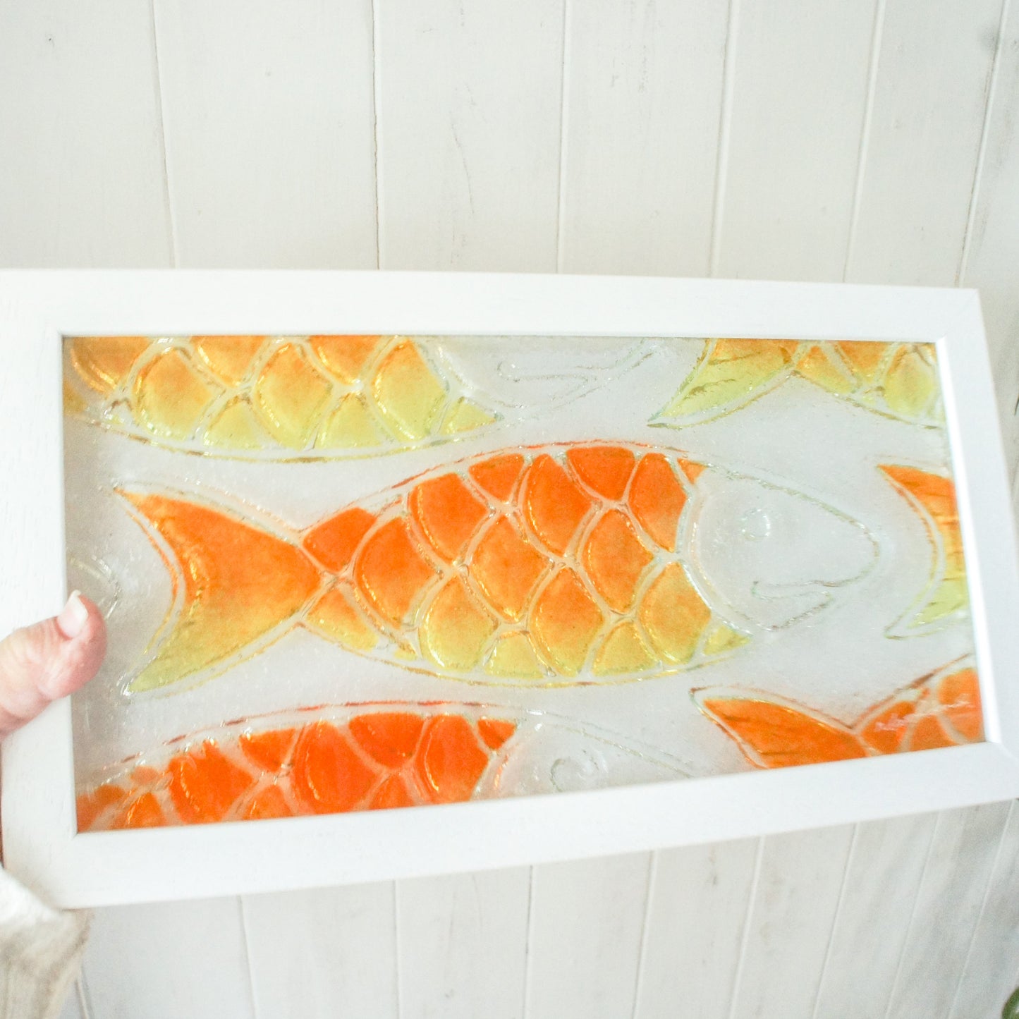 fused glass fish orange yellow landscape, fish wall art, nautical art