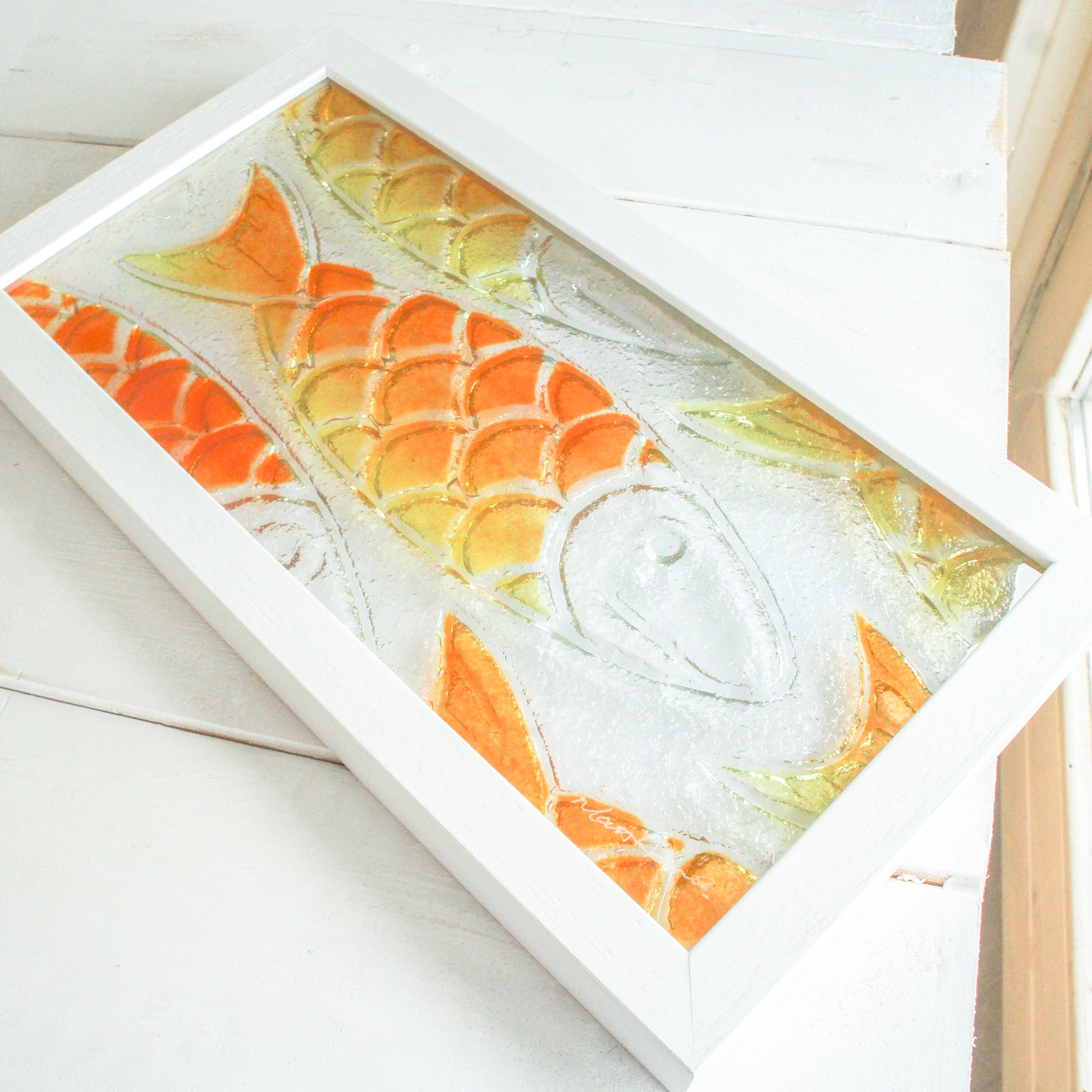 fused glass fish orange yellow landscape, fish wall art, nautical art