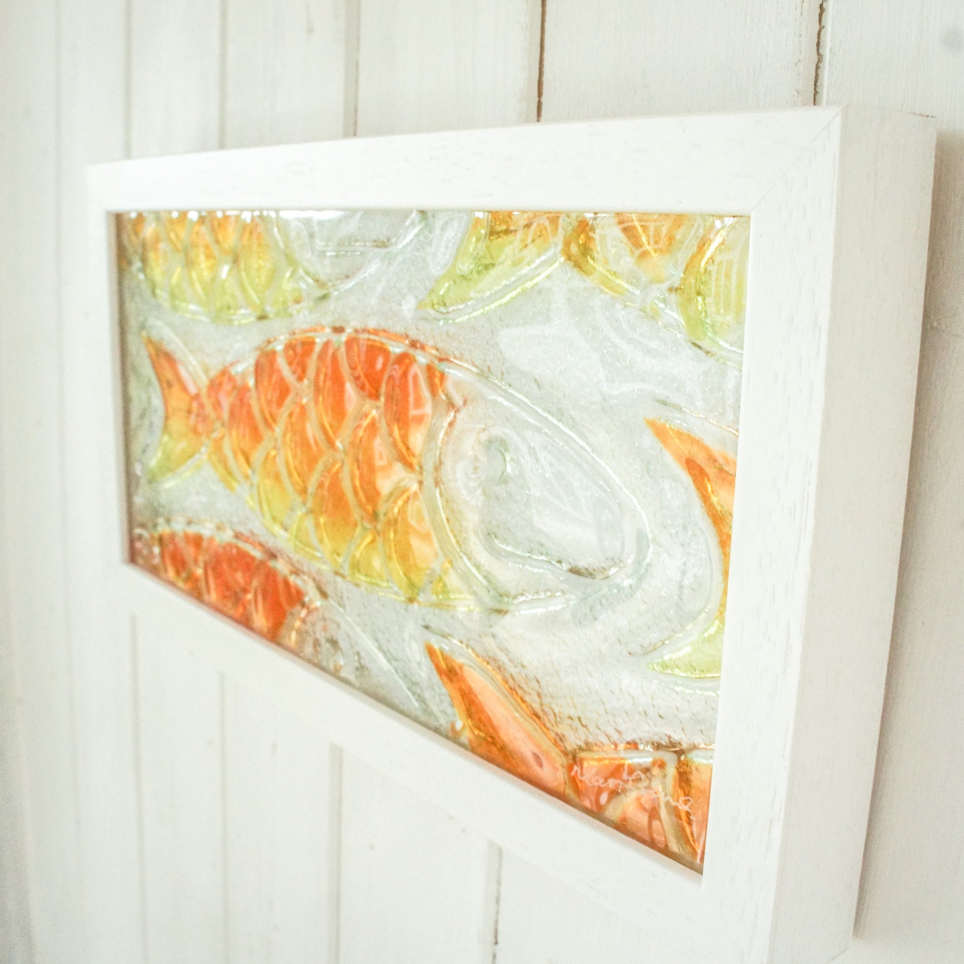 fused glass fish orange yellow landscape, fish wall art, nautical art