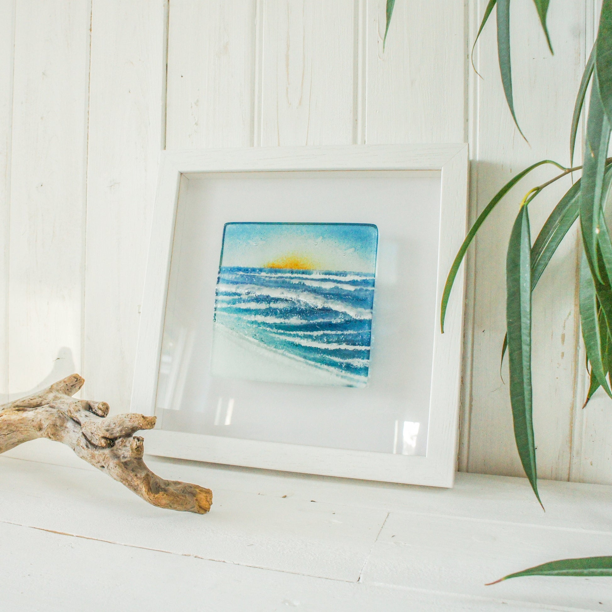 Wave in a Box Fused Glass Wave Wall Art Sun 25x25cm(10"), Turquoise Teal Blue Seaside Glass Framed Picture, Surfer's Wave Wall Sculpture