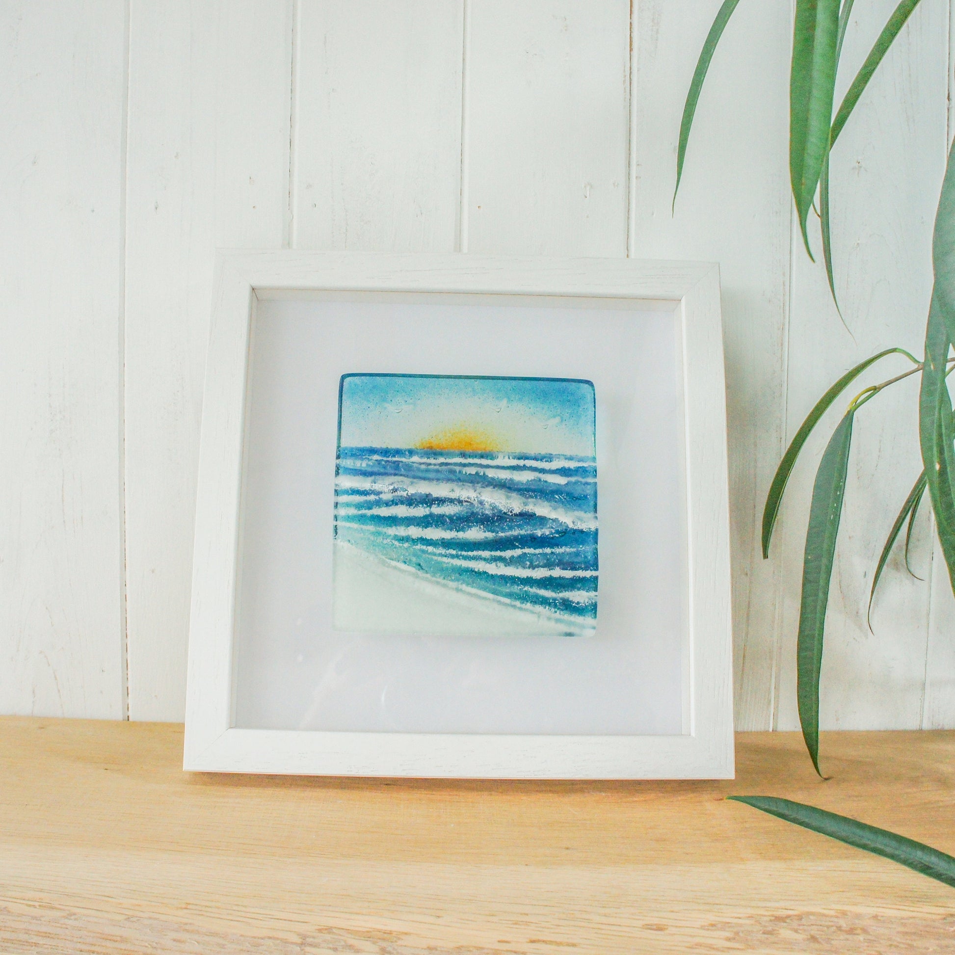 Wave in a Box Fused Glass Wave Wall Art Sun 25x25cm(10"), Turquoise Teal Blue Seaside Glass Framed Picture, Surfer's Wave Wall Sculpture