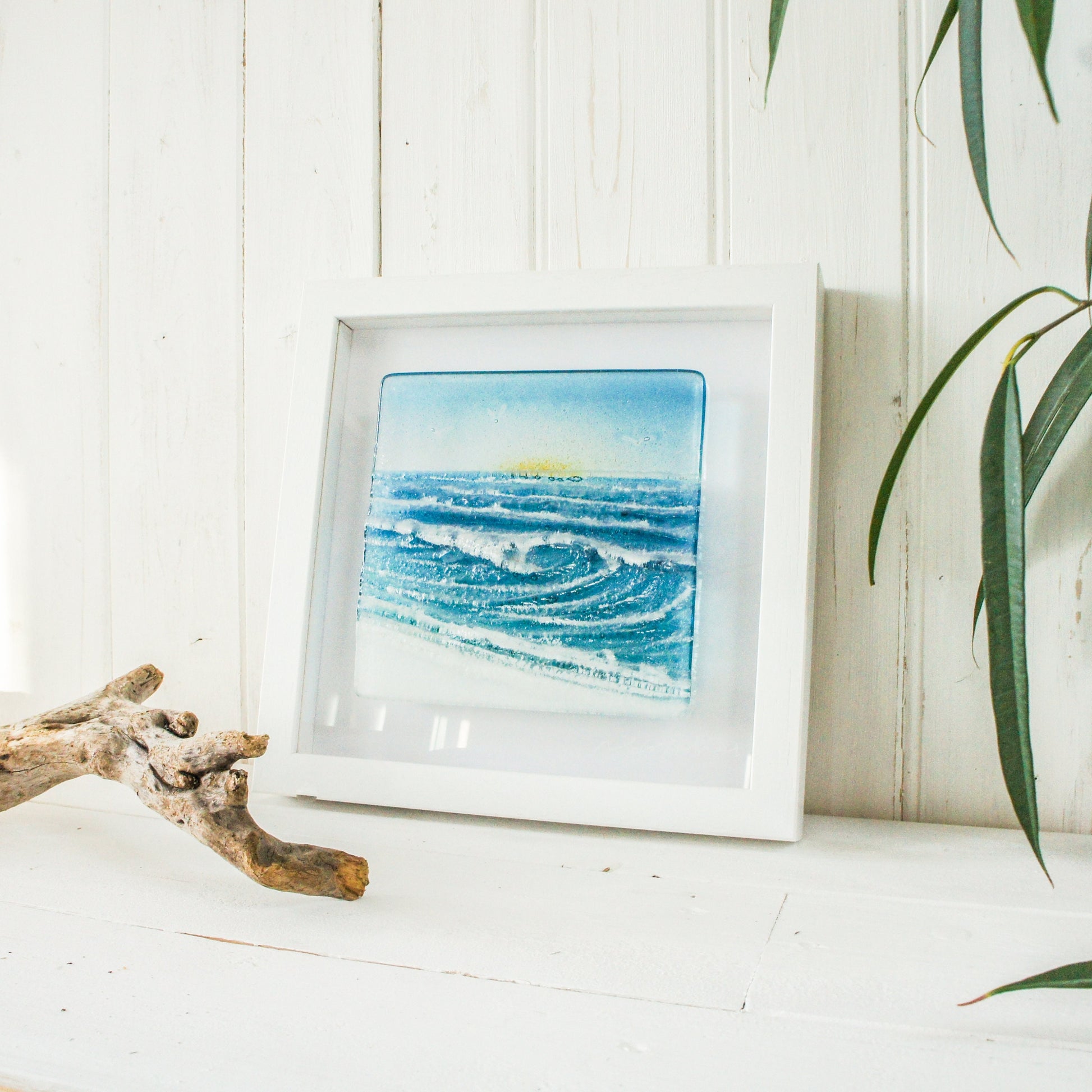 fused glass wave framed art, wall art ocean, coastal art, seal glass wall art, seaglass art, sea glass wall art