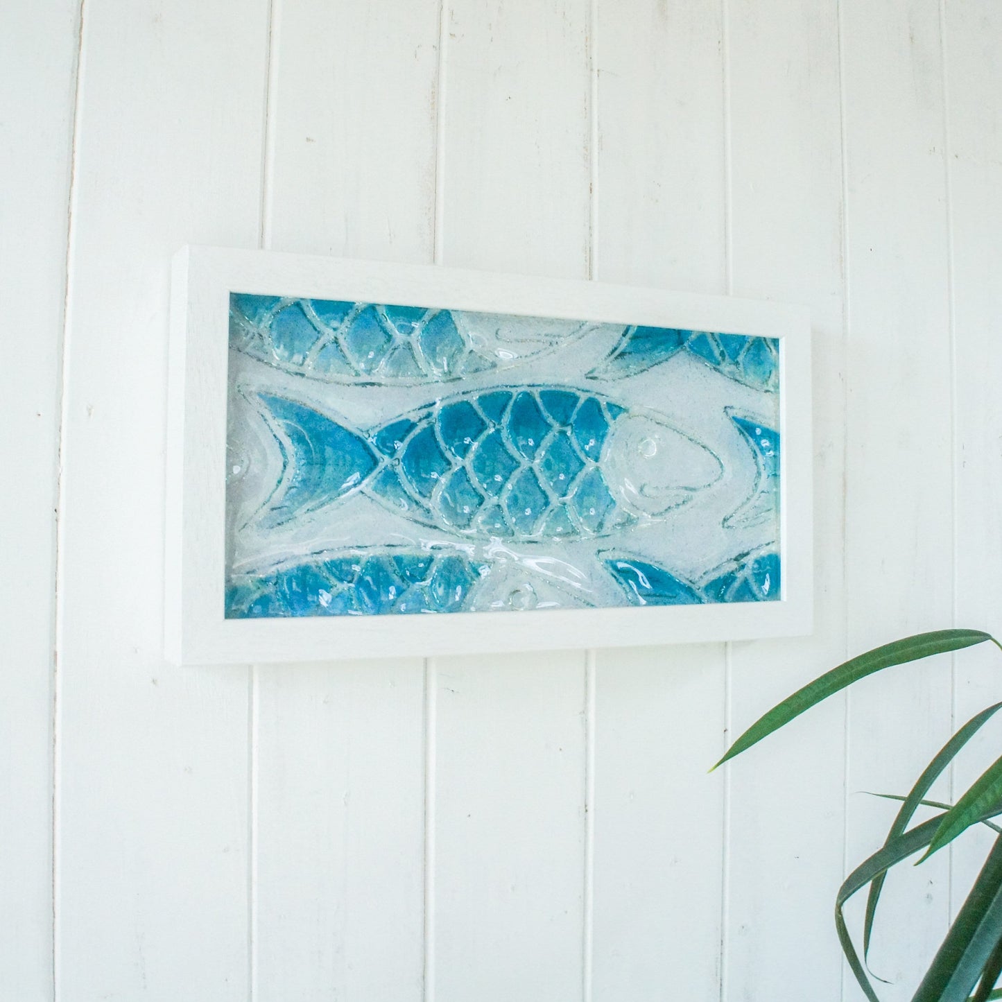 Fused Glass Fish Wall Art Landscape 34x18cm (7x13"), Blue FishCrowd Glass Framed Picture, Fish Coastal Seaglass Wall Art