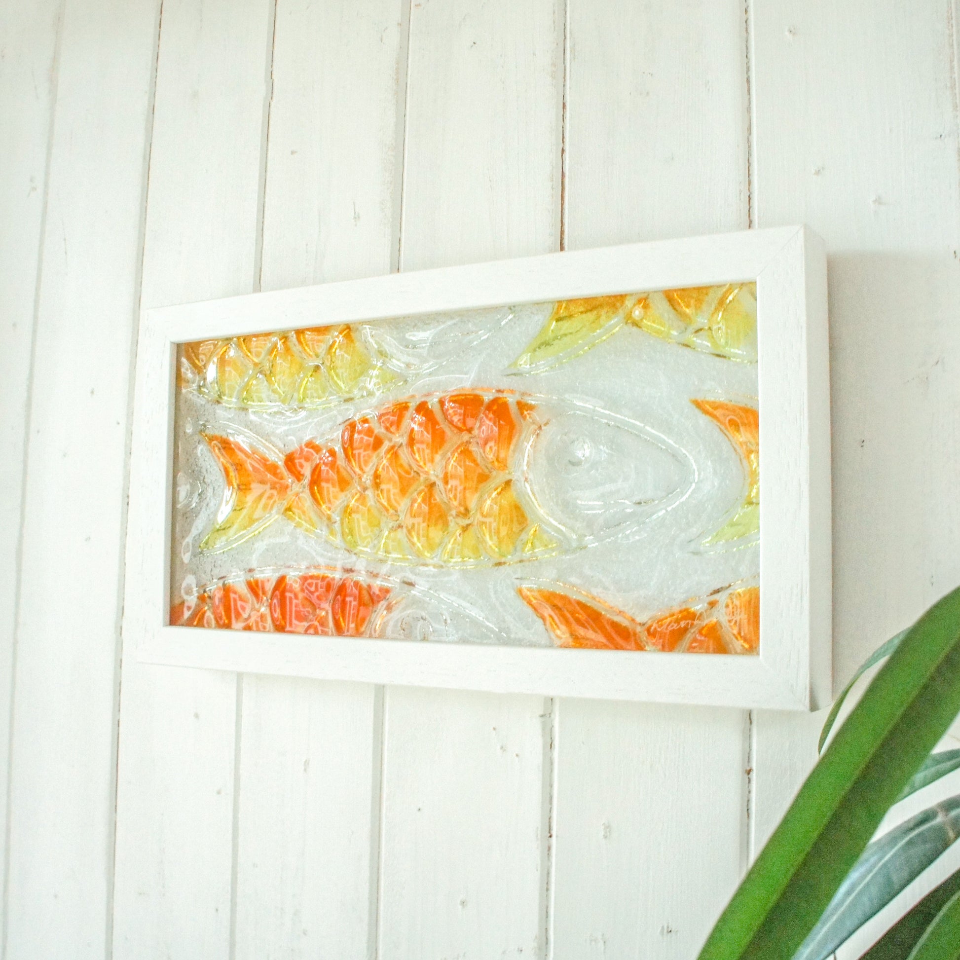 fused glass fish orange yellow landscape, fish wall art, nautical art