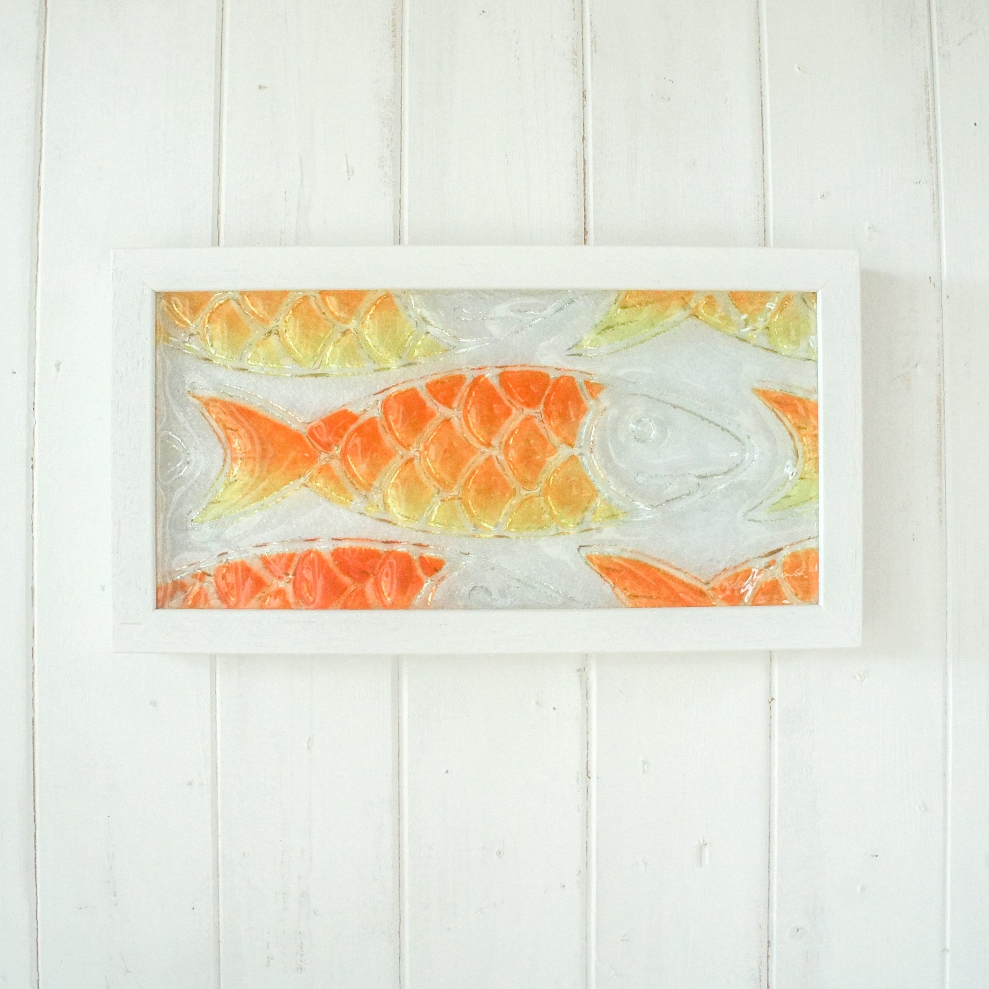 fused glass fish orange yellow landscape, fish wall art, nautical art