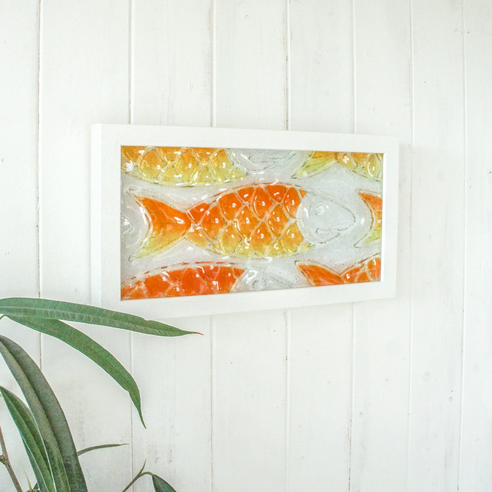 fused glass fish orange yellow landscape, fish wall art, nautical art