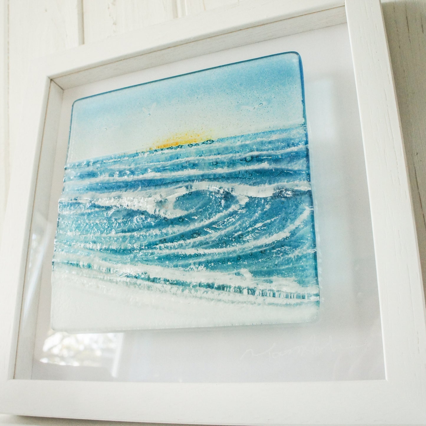 fused glass wave framed art, wall art ocean, coastal art, seal glass wall art, seaglass art, sea glass wall art