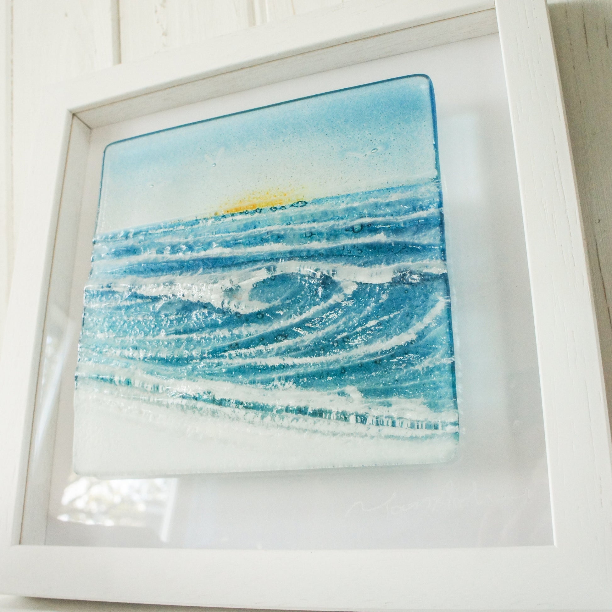 fused glass wave framed art, wall art ocean, coastal art, seal glass wall art, seaglass art, sea glass wall art