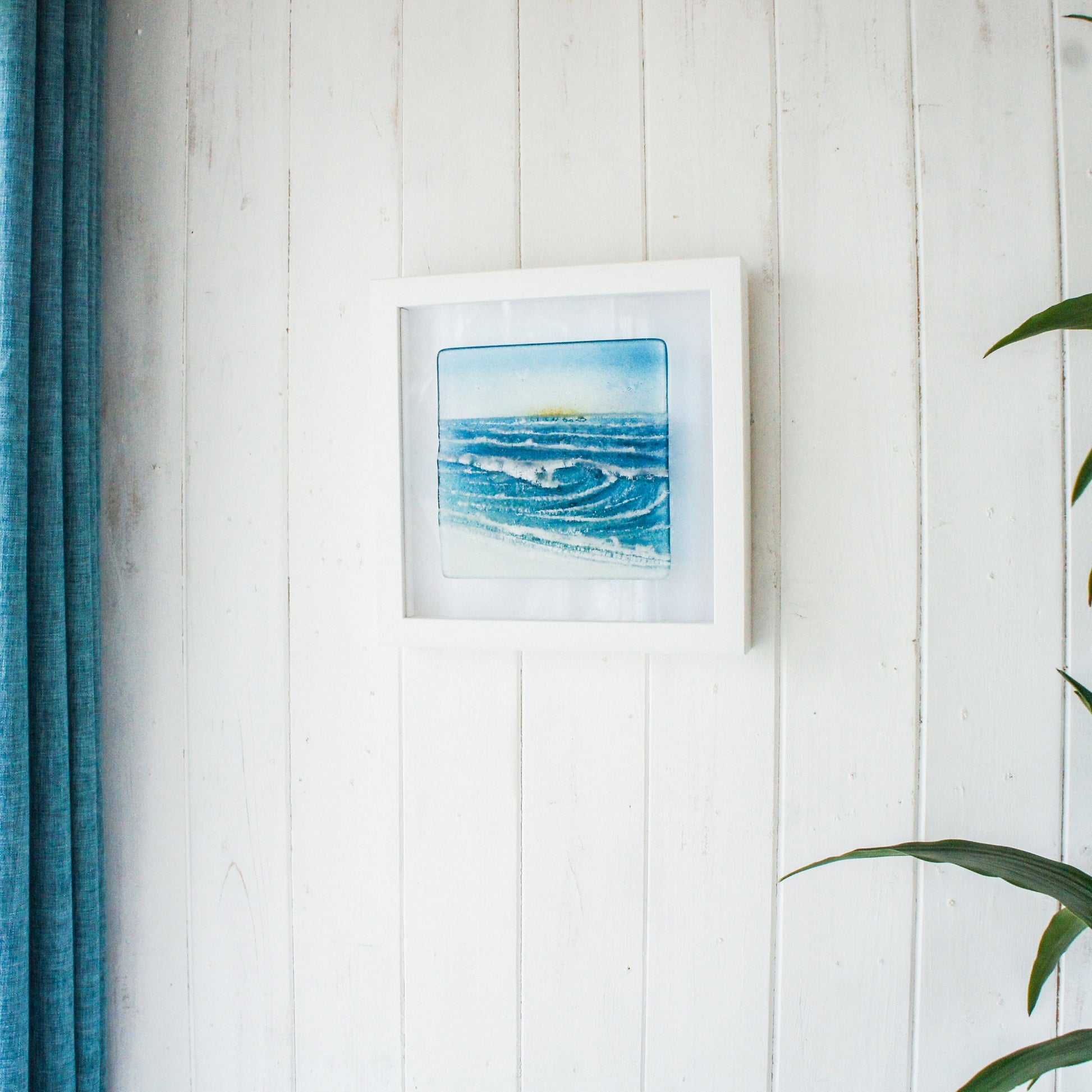 fused glass wave framed art, wall art ocean, coastal art, seal glass wall art, seaglass art, sea glass wall art