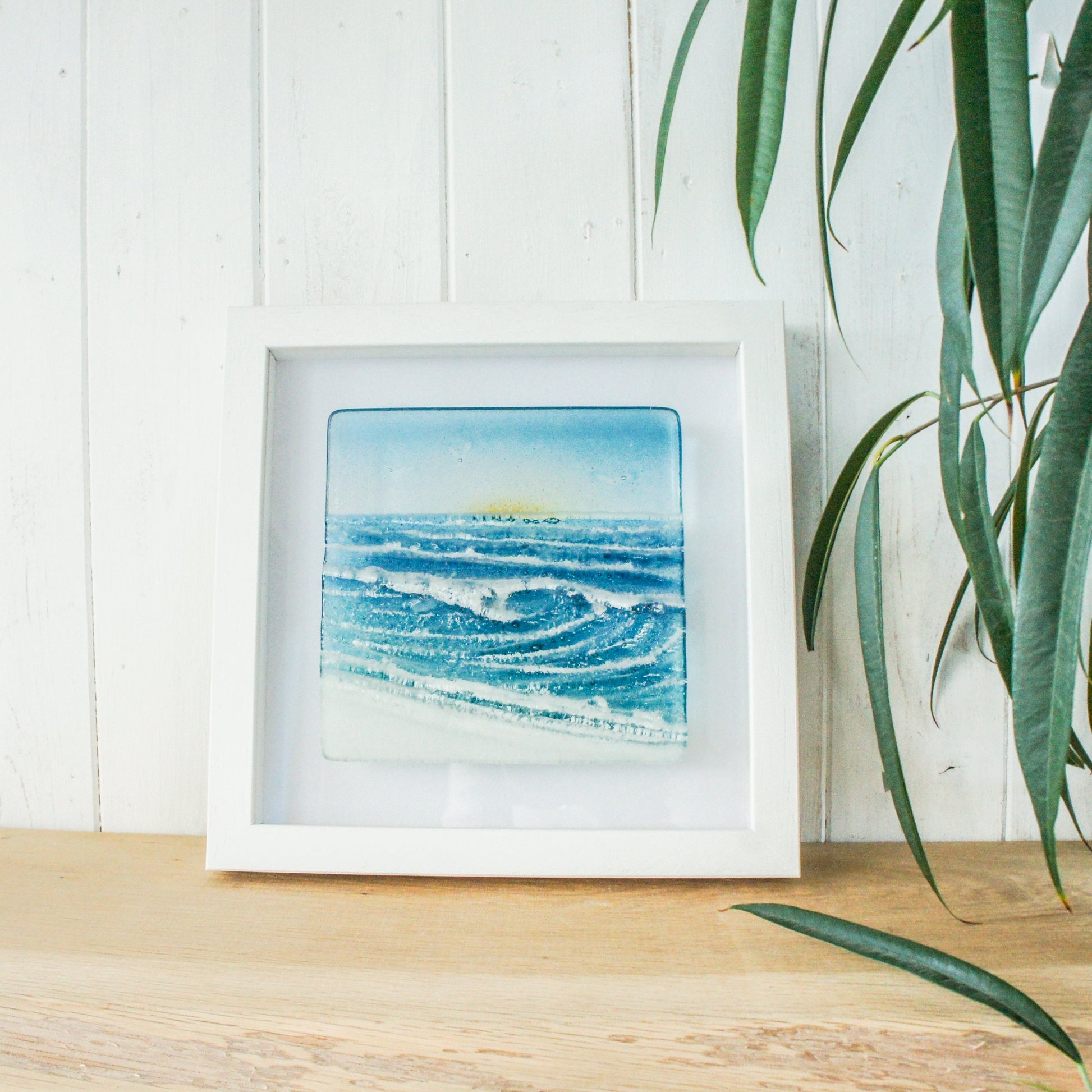 fused glass wave framed art, wall art ocean, coastal art, seal glass wall art, seaglass art, sea glass wall art