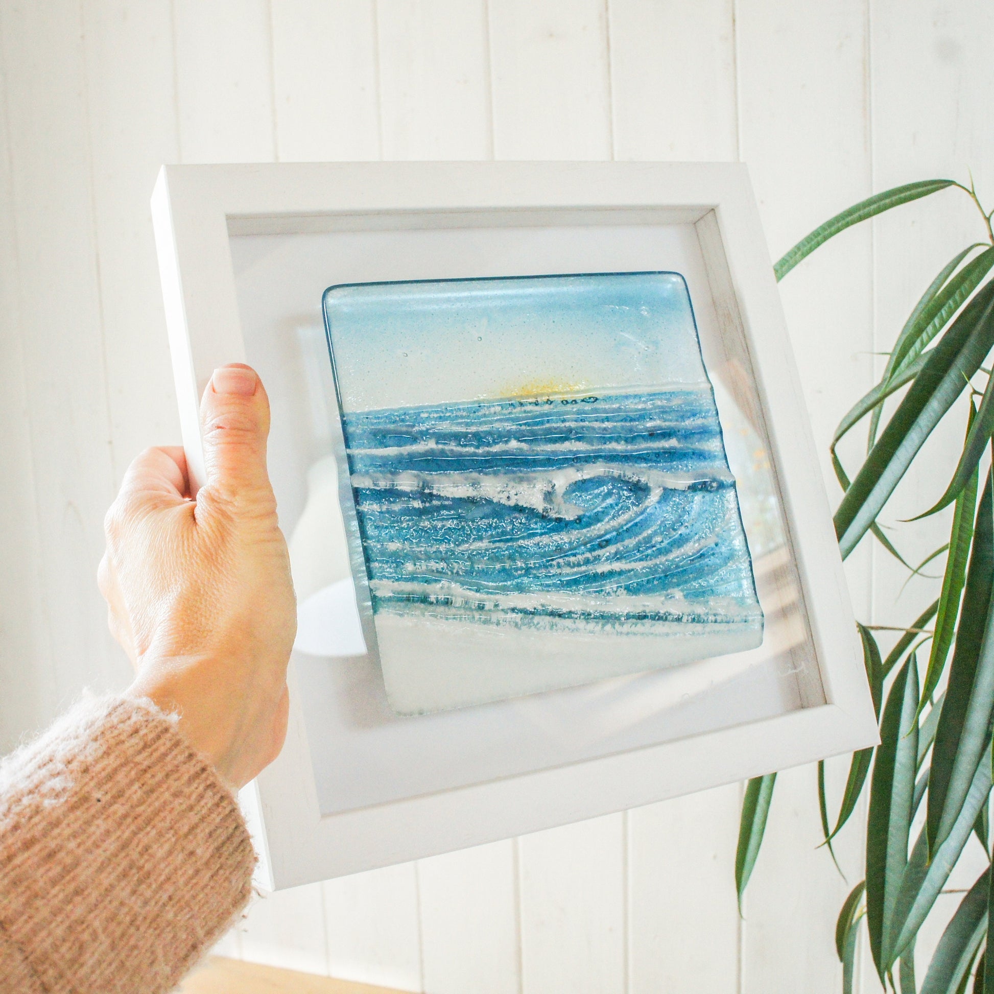 fused glass wave framed art, wall art ocean, coastal art, seal glass wall art, seaglass art, sea glass wall art