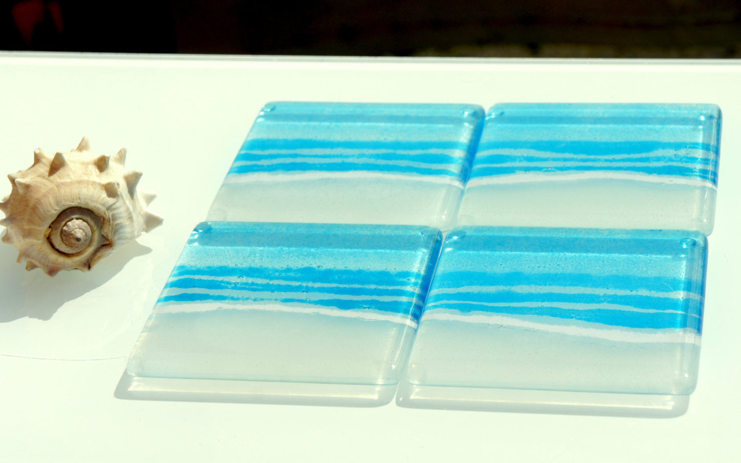 4 Beach Blue Glass Coasters